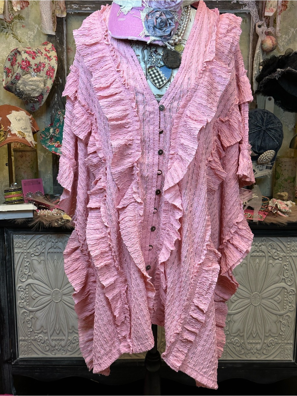 Blue Velvet Ruffle Poncho Top/Duster Pink w/ Buttons- PINK